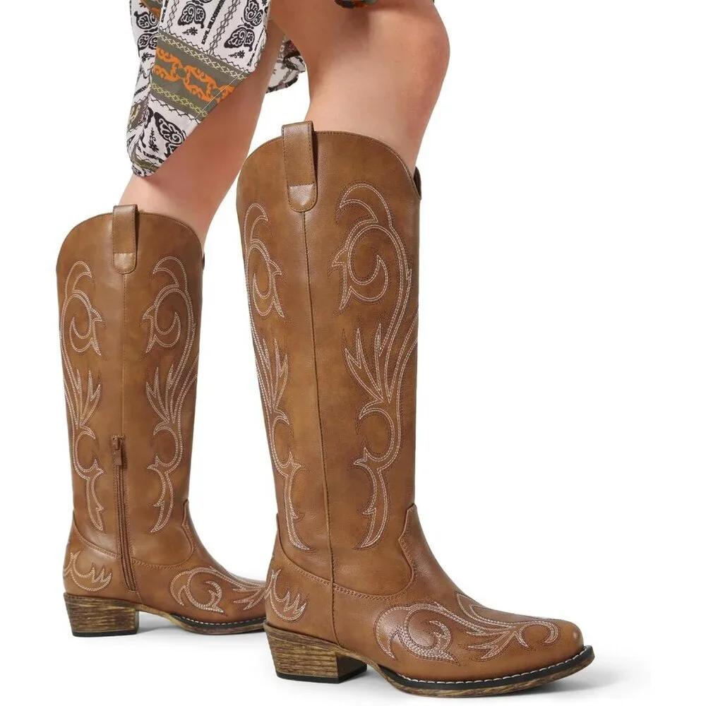 Womens Faux Leather Brown Knee High Chunky Heel Side Zipper Embroidered Boots